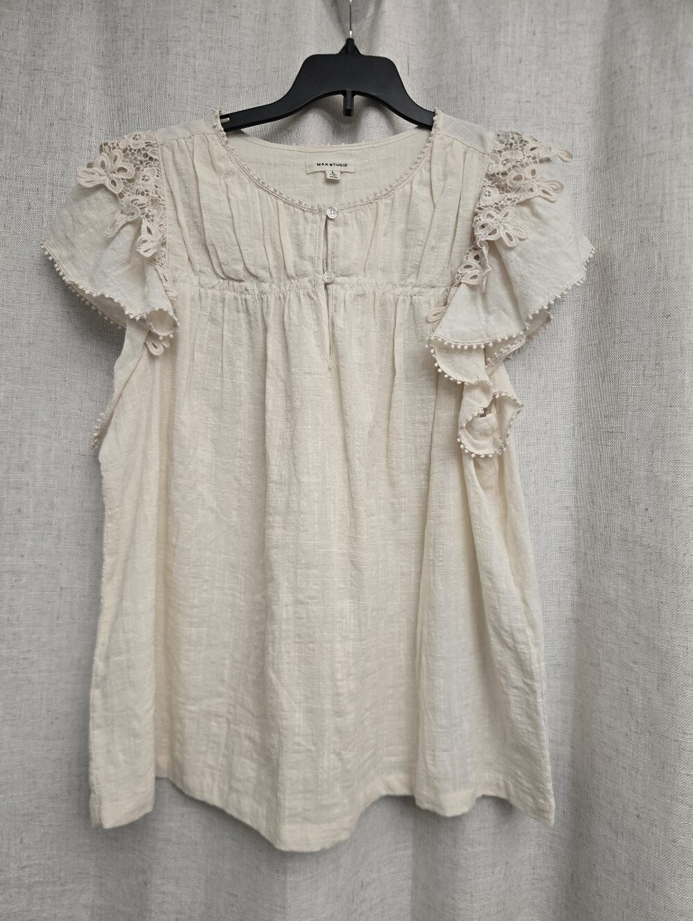 Max Studio Cream Lace Flutter Sleeve Babydoll Top L Cottagecore Peasant Blouse